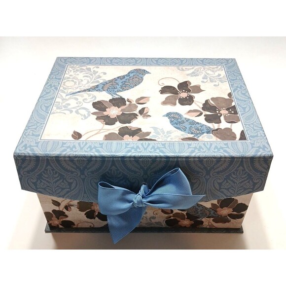 Decorative Gift Box Hook And Loop Closure Blue Bow Birds Florals Cottage - Picture 1 of 8